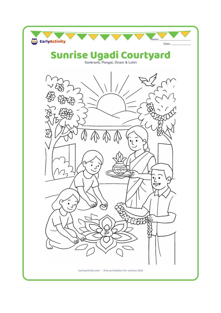 Colouring page: At sunrise, a family prepares a courtyard for Ugadi with a fresh rangoli, flower garlands, a kalash, mango-leaf decorations and flowering trees.