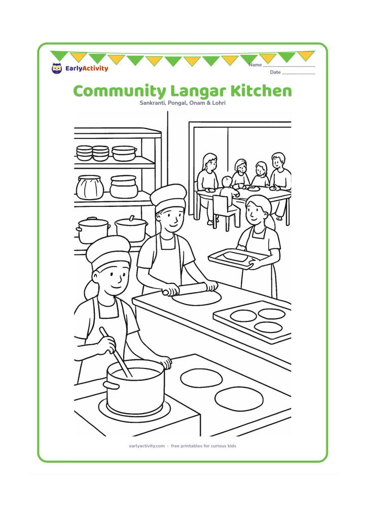 Colouring page: Volunteers work together in a large community kitchen, stirring pots, rolling flatbreads and carrying trays toward a dining hall. Show shelves with plain bowls, sacks of grain, cooking…