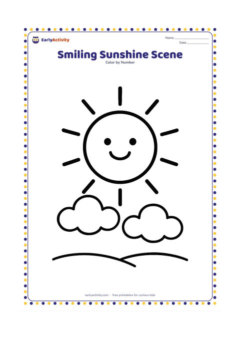 Colouring page: Draw a large smiling sun above two puffy clouds, with a few simple rays and a gently rolling ground line below. Center the sun with plenty of open space around it.
