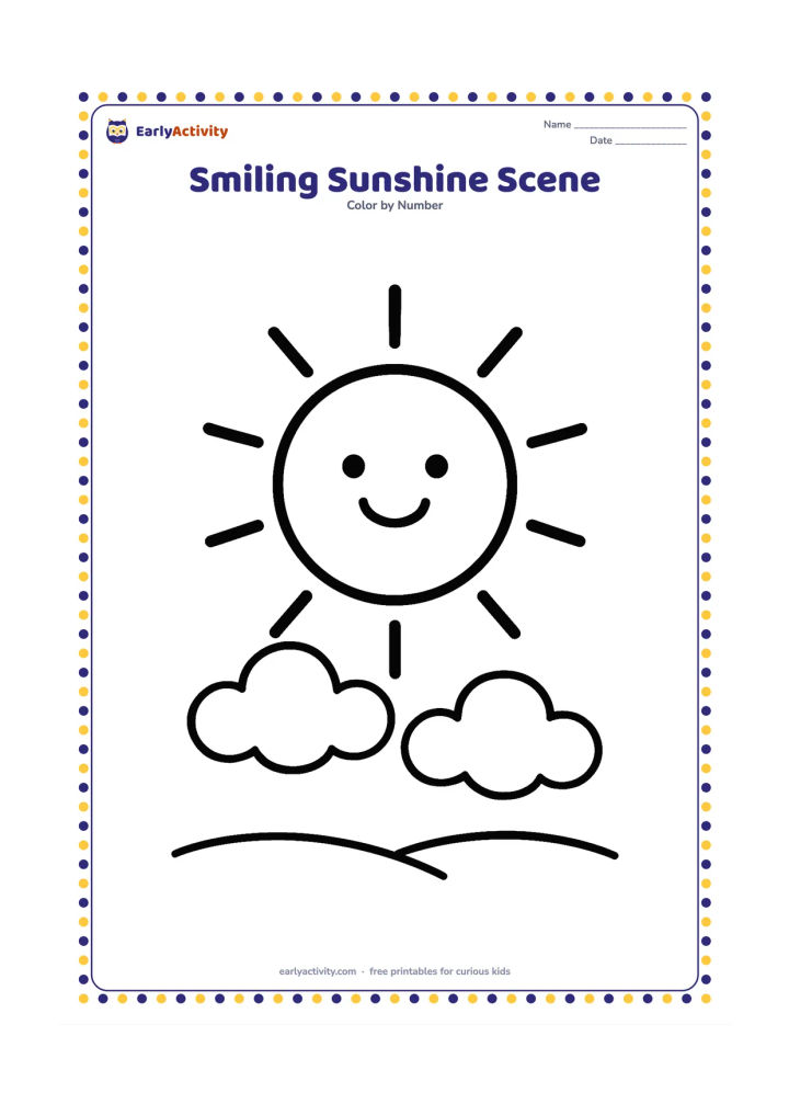 Colouring page: Draw a large smiling sun above two puffy clouds, with a few simple rays and a gently rolling ground line below. Center the sun with plenty of open space around it.