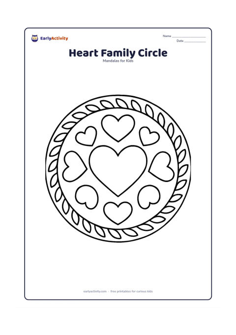 Colouring page: Draw a simple circular mandala with one large central heart and four larger and smaller hearts arranged around it like a caring family group. Add a wide border made from repeating leaves.