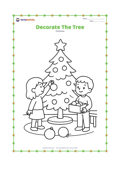 Colouring page: A child reaches up to place a large round ornament on a medium-sized Christmas tree while another child holds a plain box of decorations. Add a rug, a low table and a few large baubles…
