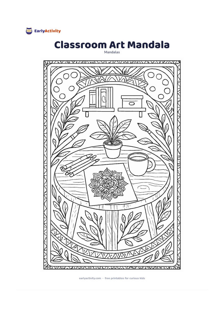 Colouring page: Draw a round table with coloured pencils, a blank sheet showing a central mandala outline, a cup, and a small plant at the centre of a circular classroom-themed design. Surround it with…