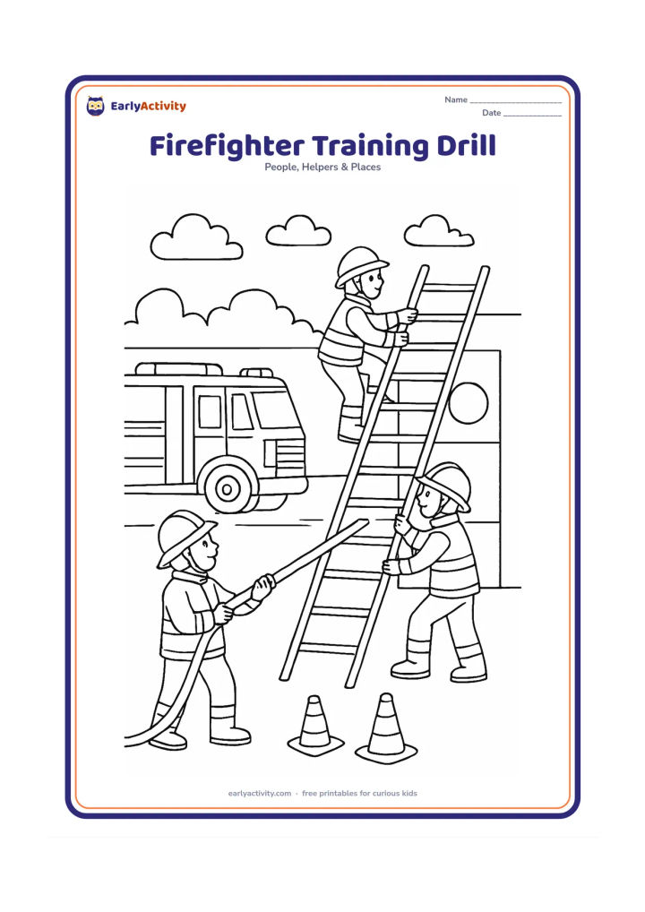Colouring page: A firefighter team practises climbing a ladder and aiming a hose at a training target made of large plain shapes in a fire station yard. Include helmets, boots, a fire engine, safety…