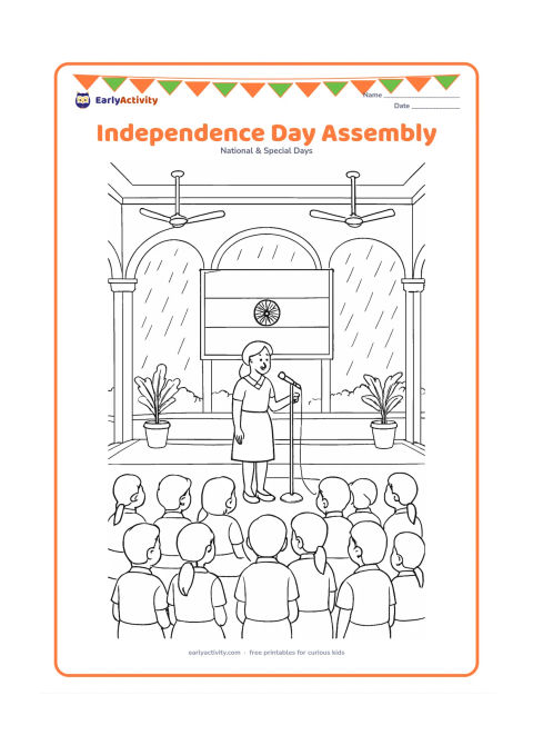 Colouring page: Draw a covered school assembly with children seated in orderly rows, a teacher speaking at a plain microphone, and a large Indian flag behind the platform. Include ceiling fans, open…