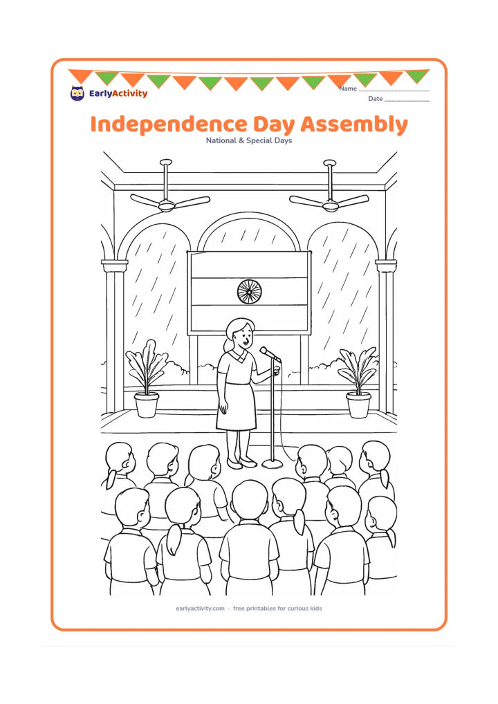 Colouring page: Draw a covered school assembly with children seated in orderly rows, a teacher speaking at a plain microphone, and a large Indian flag behind the platform. Include ceiling fans, open…