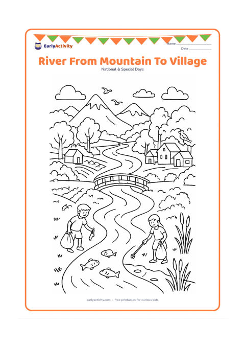 Colouring page: Draw a wide landscape where a river flows from distant mountains past a forest, farms and an Indian village to a pond. Include fish, reeds, a footbridge, trees, birds and people keeping…