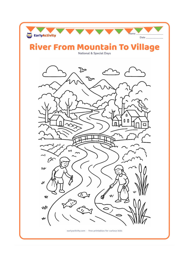 Colouring page: Draw a wide landscape where a river flows from distant mountains past a forest, farms and an Indian village to a pond. Include fish, reeds, a footbridge, trees, birds and people keeping…