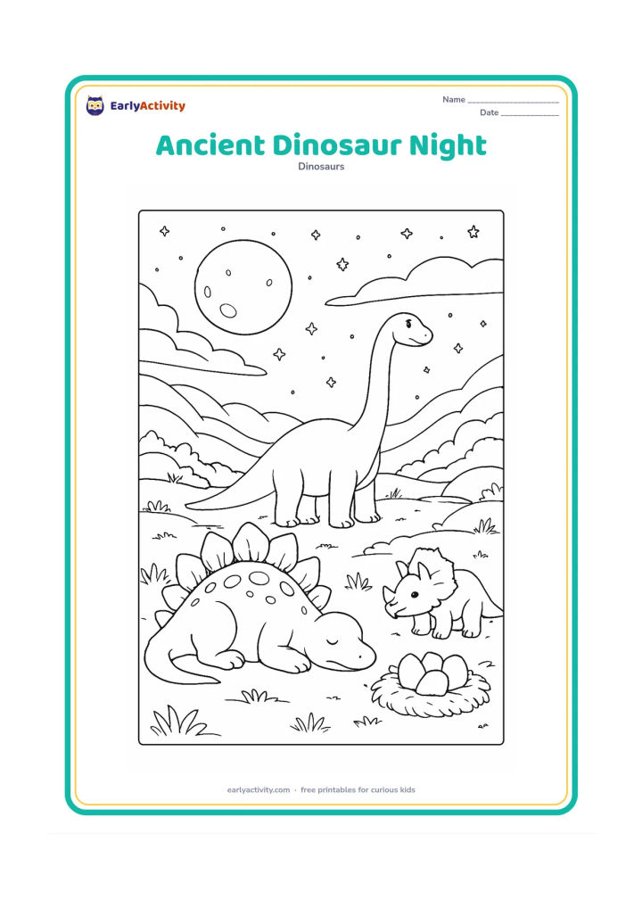 Colouring page: A friendly herd rests in a moonlit prehistoric valley, with a sleeping Stegosaurus, a standing Brachiosaurus and a small Triceratops near a nest. Include a large moon, stars, layered…