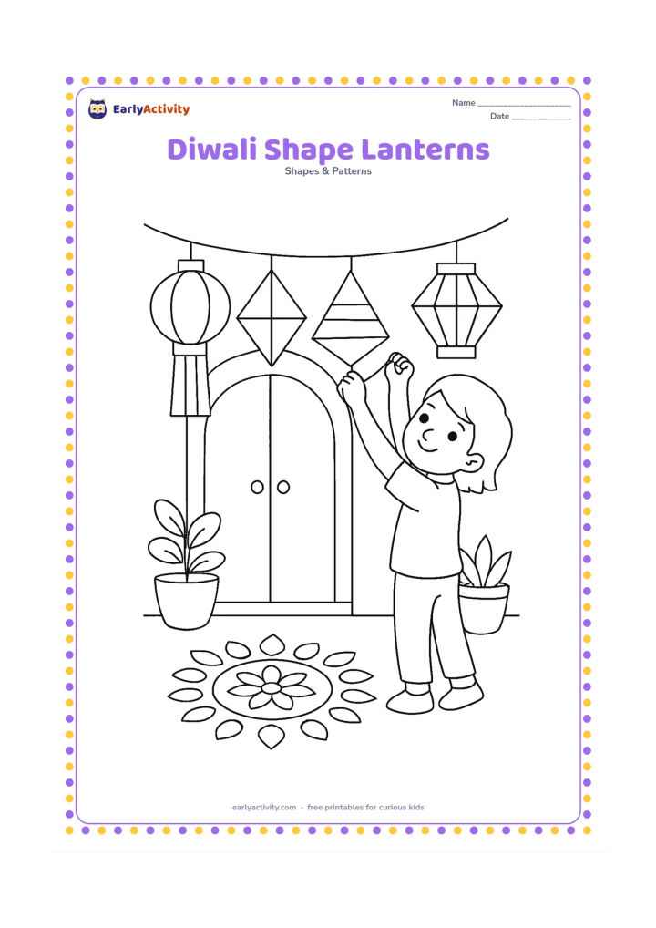 Colouring page: Draw a child hanging a row of large geometric paper lanterns outside a home, including circles, diamonds, triangles and rectangles. Add a doorway, two potted plants and a simple rangoli…