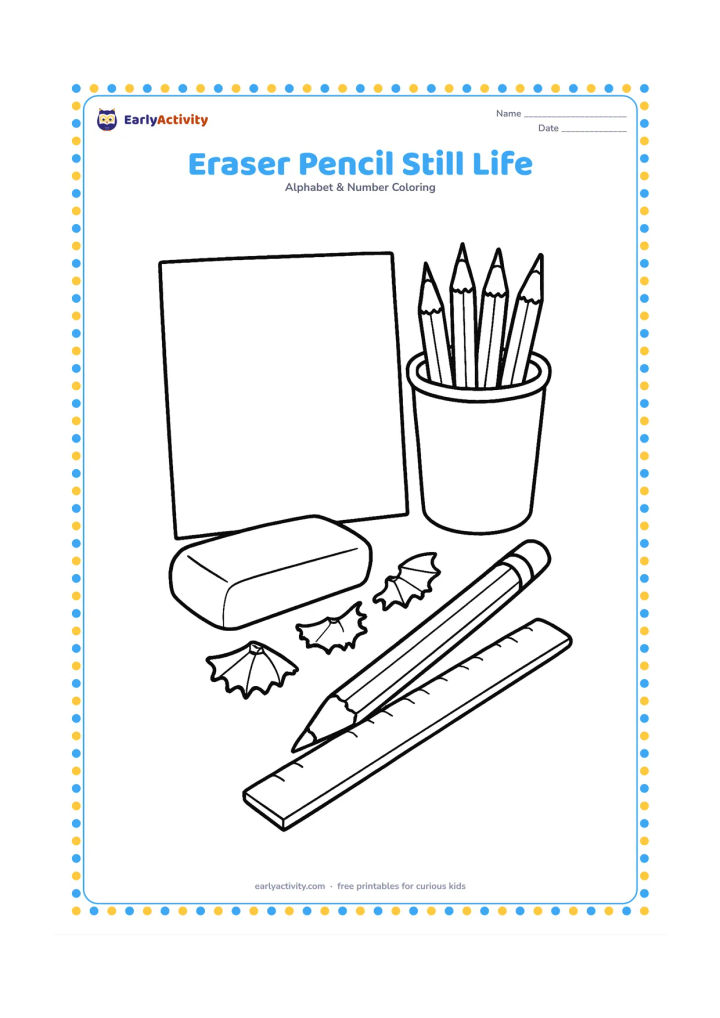 Colouring page: Draw a detailed tabletop arrangement with a large eraser, sharpened pencil, pencil shavings, a ruler with plain unmarked edges and a cup holding more pencils. Leave the paper beside them…