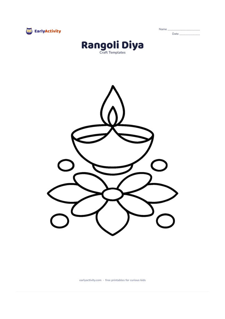 Worksheet: A large central diya sits above a few broad symmetrical rangoli petals and circles, with one flame and no tiny patterns.