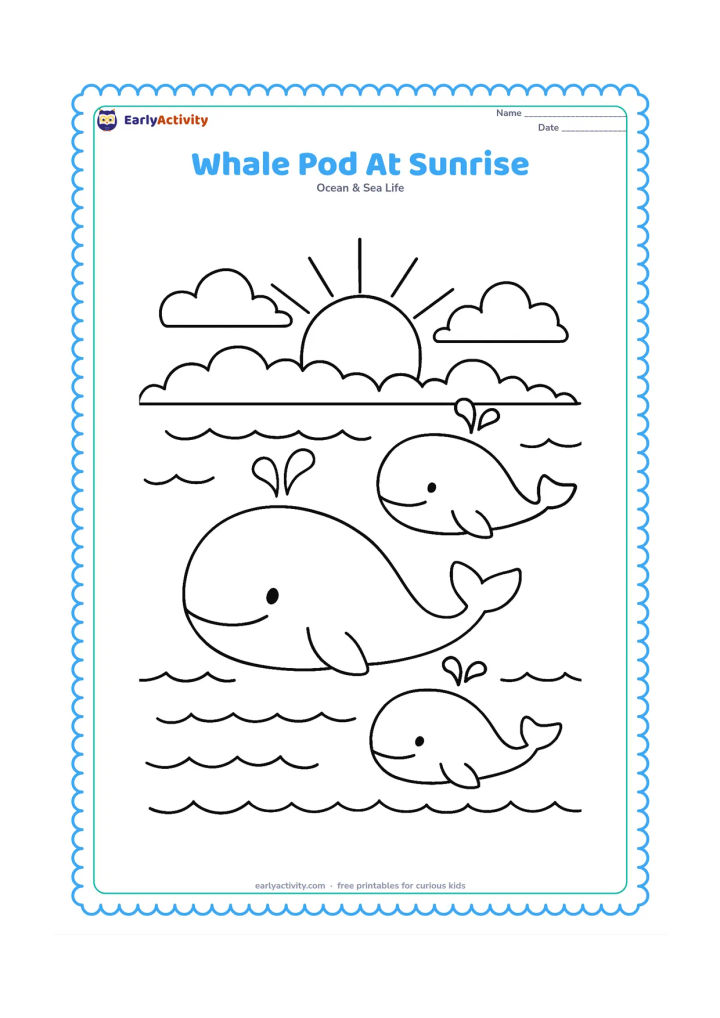 Colouring page: Show three whales of different sizes travelling together beneath a rising sun, with layered clouds, distant waves, and small air spouts. Keep the pod spread across the page so each whale…