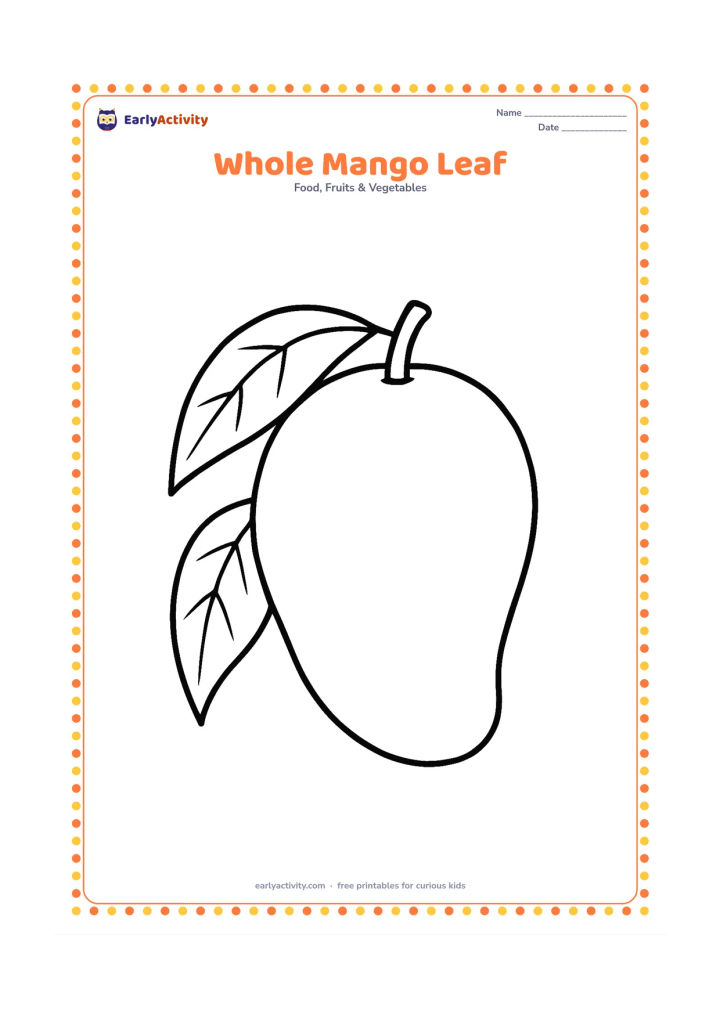 Colouring page: Draw one large whole mango beside two broad mango leaves, centered with plenty of open space around the shapes.