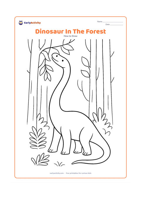 Worksheet: Show a long-necked dinosaur reaching toward high leaves in a forest, progressing from large body and neck curves to a complete pose. Include layered tree trunks, ferns, and a few simple…