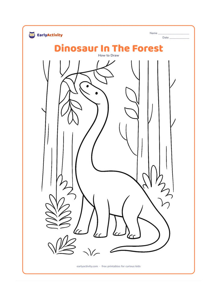 Worksheet: Show a long-necked dinosaur reaching toward high leaves in a forest, progressing from large body and neck curves to a complete pose. Include layered tree trunks, ferns, and a few simple…