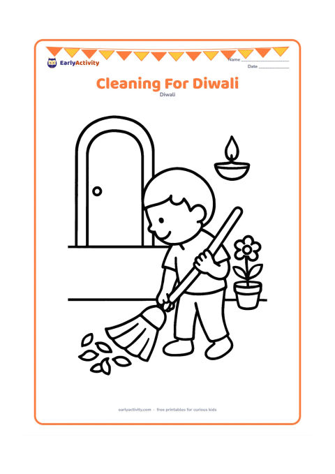 Colouring page: A child uses a broad broom to sweep a small pile of leaves near a home entrance, with one diya and a flower pot nearby. Show the child in profile with a clear open floor.