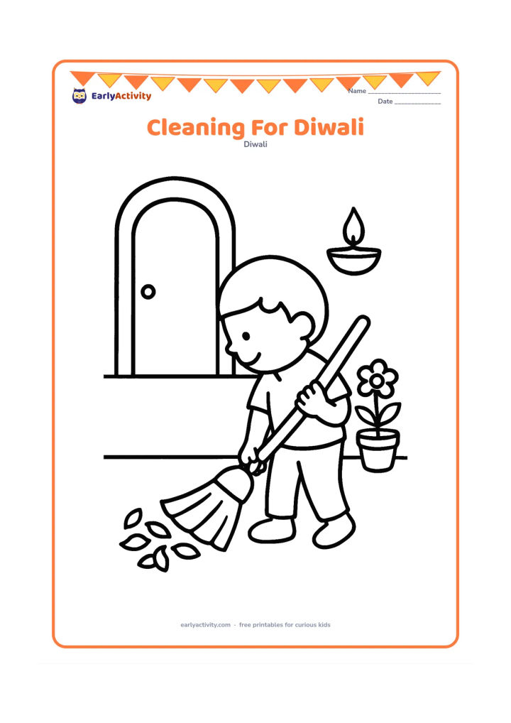 Colouring page: A child uses a broad broom to sweep a small pile of leaves near a home entrance, with one diya and a flower pot nearby. Show the child in profile with a clear open floor.