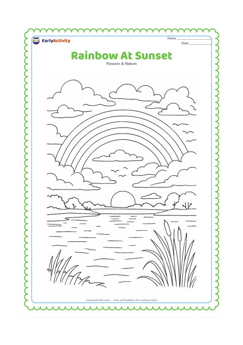 Colouring page: Draw a rainbow fading across a detailed evening sky above a countryside lake, with layered clouds, distant trees, water reflections, reeds and a flock of small birds. Include the low sun…