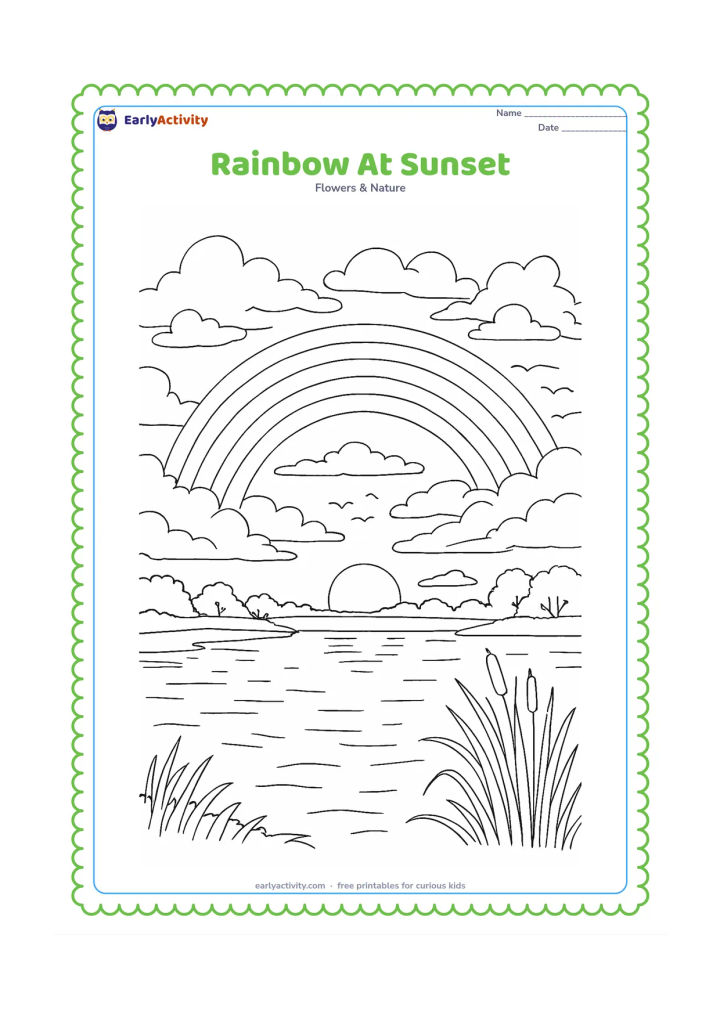 Colouring page: Draw a rainbow fading across a detailed evening sky above a countryside lake, with layered clouds, distant trees, water reflections, reeds and a flock of small birds. Include the low sun…