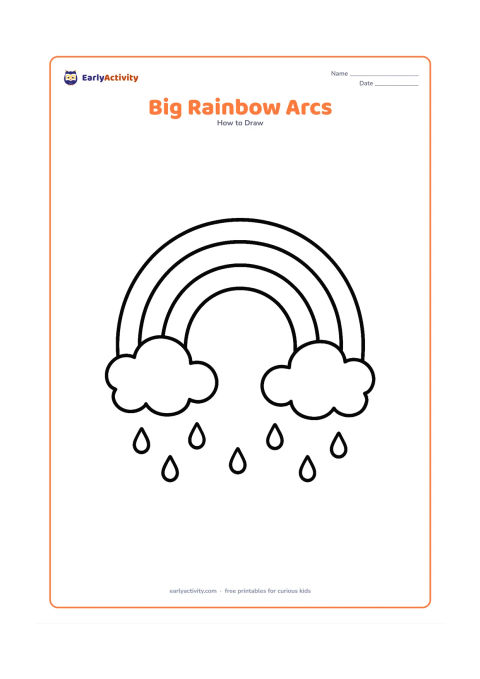 Worksheet: A very large rainbow made from three wide, smooth arcs between two simple puffy clouds, filling most of the page. Leave broad spaces between the arcs for tracing and colouring, with a…