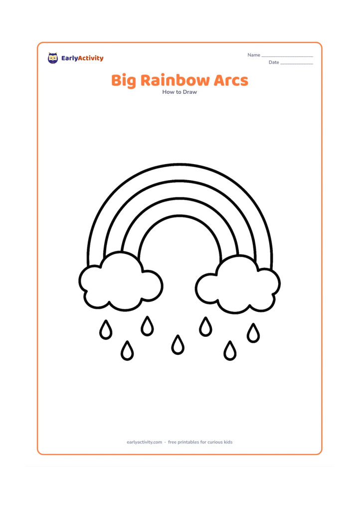 Worksheet: A very large rainbow made from three wide, smooth arcs between two simple puffy clouds, filling most of the page. Leave broad spaces between the arcs for tracing and colouring, with a…