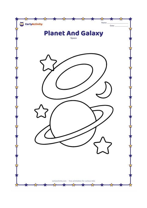 Colouring page: A large ringed planet sits in front of a simple oval galaxy, with three big stars and a small crescent moon around them. Arrange the objects as separate, easy-to-recognise shapes.