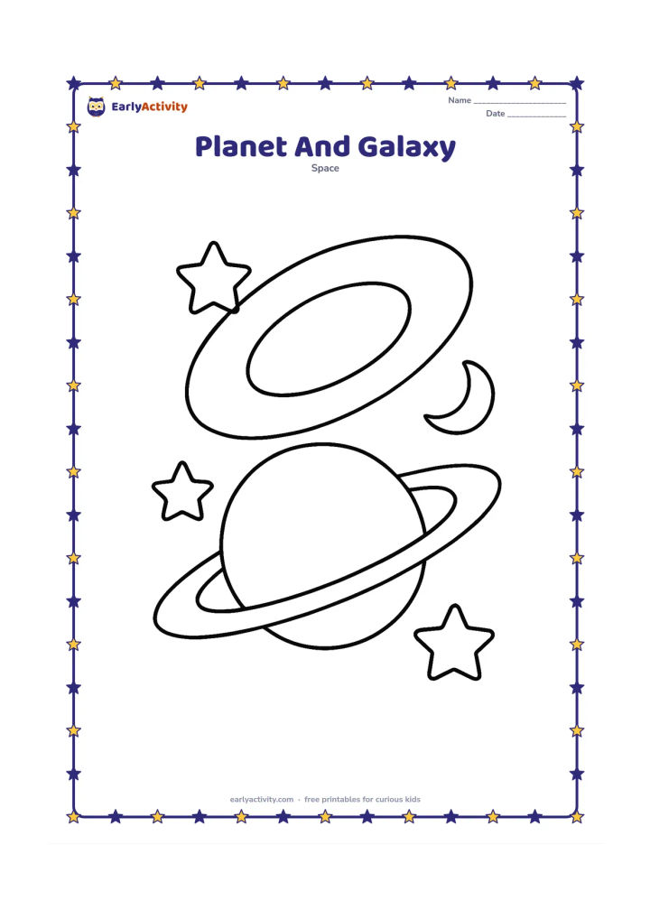 Colouring page: A large ringed planet sits in front of a simple oval galaxy, with three big stars and a small crescent moon around them. Arrange the objects as separate, easy-to-recognise shapes.