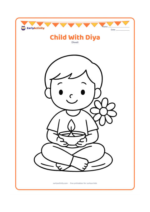 Colouring page: Draw a smiling child sitting cross-legged and holding one large unlit diya carefully in both hands. Add a simple cushion and one large flower in the background.