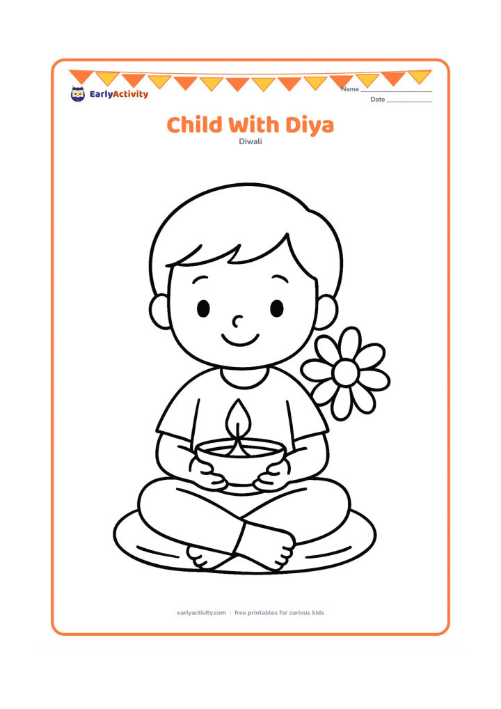 Colouring page: Draw a smiling child sitting cross-legged and holding one large unlit diya carefully in both hands. Add a simple cushion and one large flower in the background.