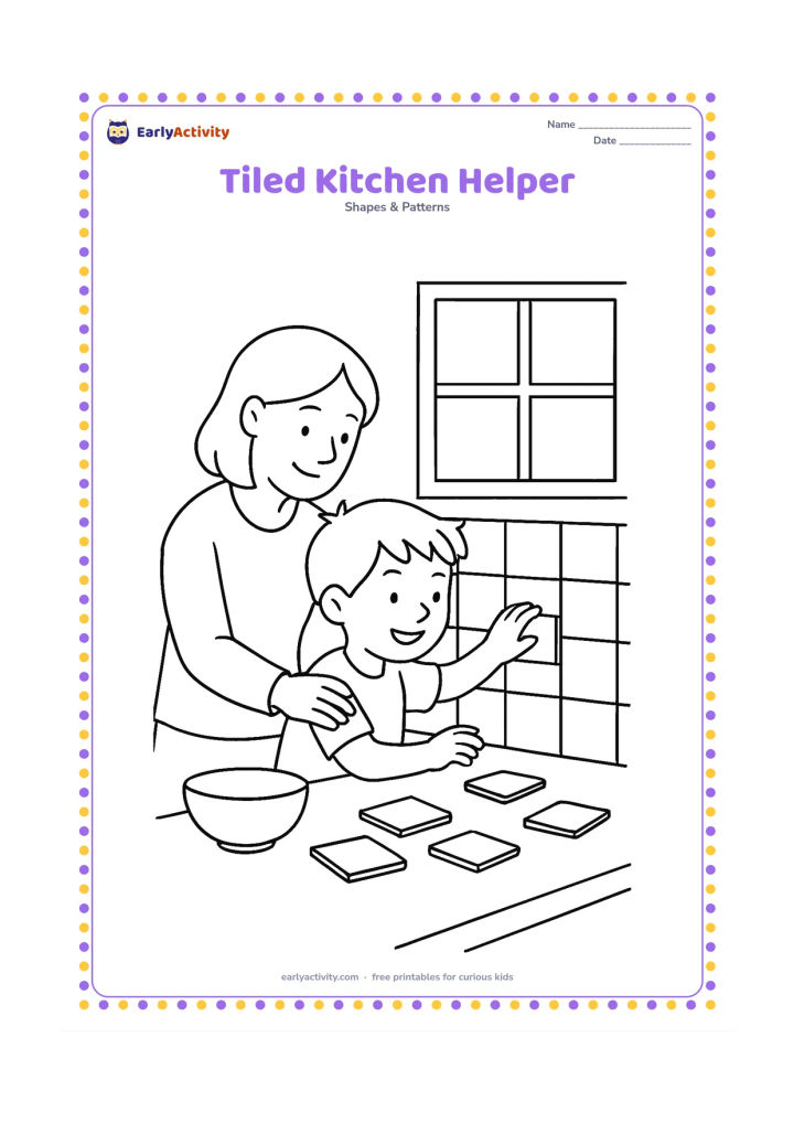 Colouring page: A child helps an adult arrange square tiles on a kitchen backsplash, with several loose tiles on the counter. Add a bowl and a window with square panes.