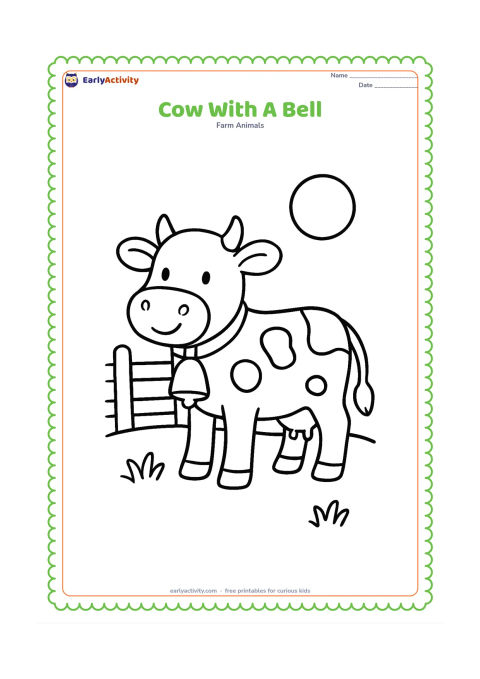 Colouring page: A friendly cow stands in a meadow wearing a simple collar with one large bell. Add a low fence and a round sun in the background.