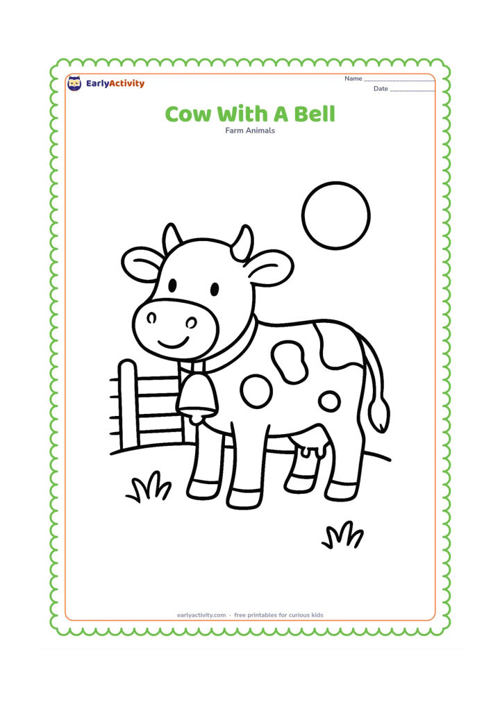 Colouring page: A friendly cow stands in a meadow wearing a simple collar with one large bell. Add a low fence and a round sun in the background.