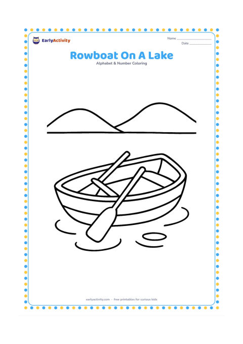 Colouring page: Draw a small rowboat floating on a calm lake, with two oars resting across it, three rounded ripples and two distant hills. Keep the boat large in the lower centre of the page.