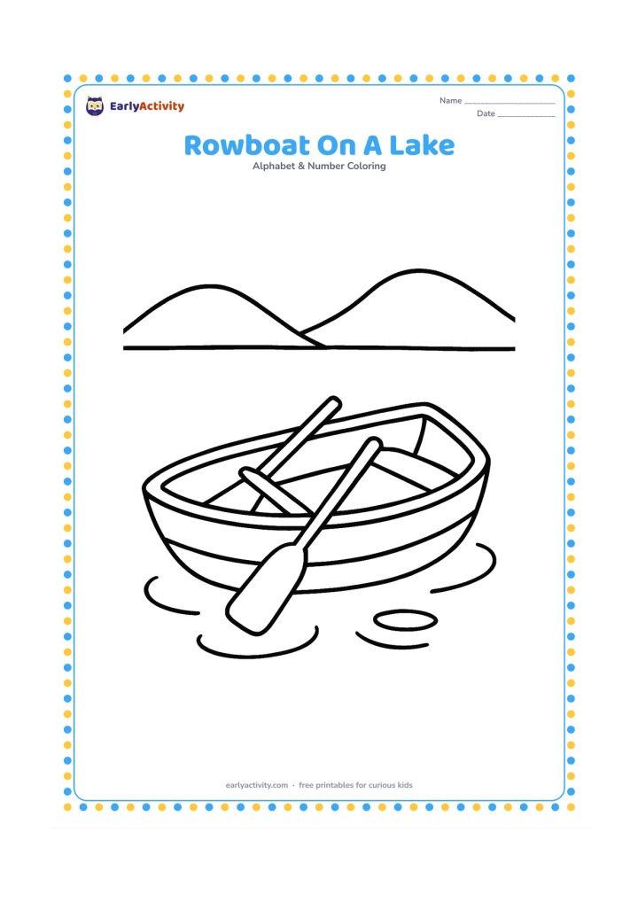 Colouring page: Draw a small rowboat floating on a calm lake, with two oars resting across it, three rounded ripples and two distant hills. Keep the boat large in the lower centre of the page.