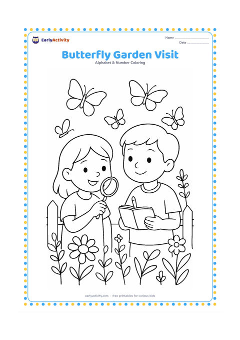 Colouring page: Draw two children observing butterflies in a garden using a plain hand lens and a small notebook with blank pages. Surround them with varied flowers, stems, a low fence and several…