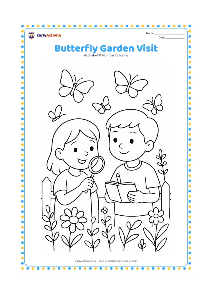 Colouring page: Draw two children observing butterflies in a garden using a plain hand lens and a small notebook with blank pages. Surround them with varied flowers, stems, a low fence and several…