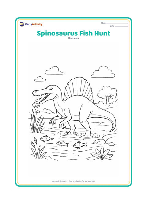 Colouring page: A Spinosaurus stands half in shallow water as several fish move around its feet and one fish leaps near its long snout. Include a tall sail, water ripples, reeds, lily-like leaves,…