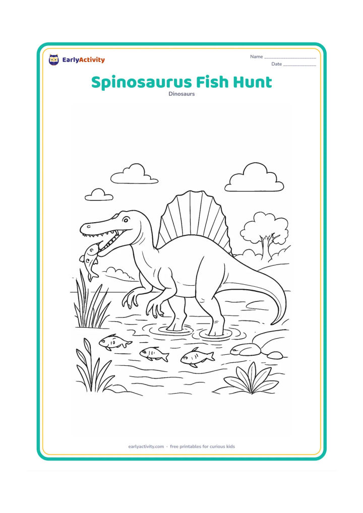 Colouring page: A Spinosaurus stands half in shallow water as several fish move around its feet and one fish leaps near its long snout. Include a tall sail, water ripples, reeds, lily-like leaves,…