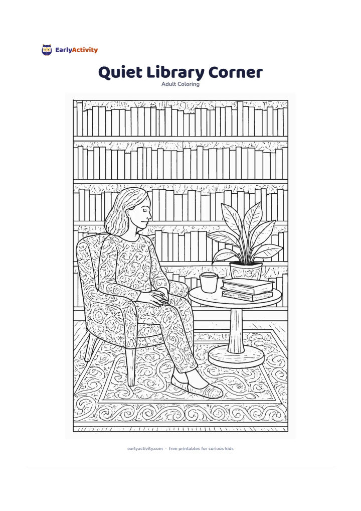 Colouring page: A person sits in a comfortable chair beside a round table with a cup, a leafy plant and a stack of completely blank books, while tall shelves fill the background. Use repeating shelf…