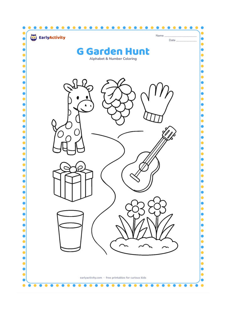 Colouring page: A garden scene contains clearly separated pictures of a giraffe toy, grapes, a glove, a gift, a glass, a guitar, and a garden flower bed. Arrange them around a central path without…