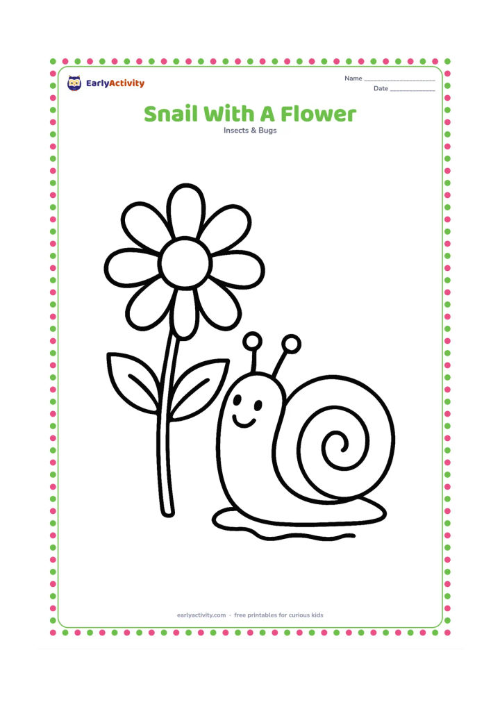 Colouring page: Draw a snail beside one large daisy-like flower, looking up toward its petals. Give the snail a large spiral shell and a short trail on the ground.