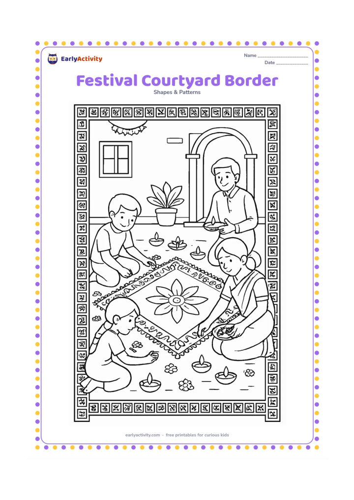 Colouring page: A detailed festive courtyard has a broad border made from repeating square motifs around a central square rangoli. Family members place flowers and small lamps around it; include no…
