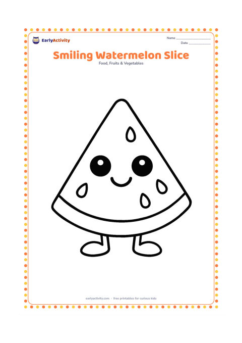 Colouring page: Draw a friendly watermelon slice with simple round eyes and a smiling mouth, standing upright with two small leafy feet. Do not add any words or symbols.