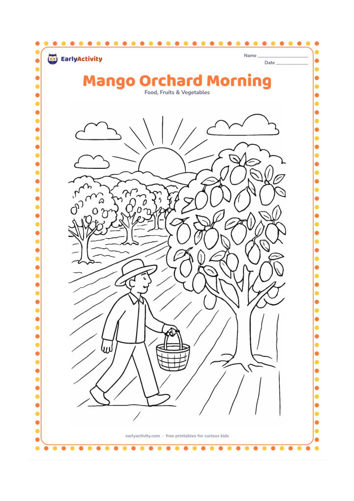 Colouring page: Show rows of mango trees at sunrise, with a farmer carrying a woven basket toward a heavily fruiting tree and long soft shadows on the ground.