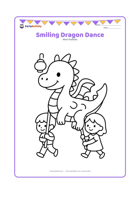 Colouring page: Draw a friendly, non-scary dragon with a rounded head and short body curving across the page, carried by two children using poles. Add one small lantern above them.