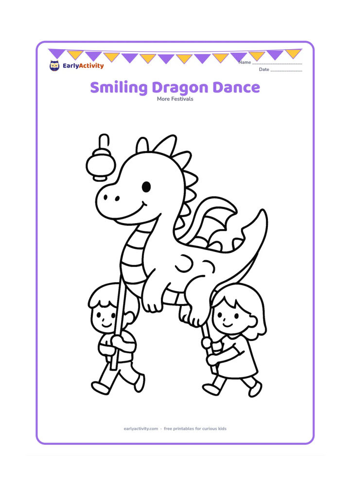 Colouring page: Draw a friendly, non-scary dragon with a rounded head and short body curving across the page, carried by two children using poles. Add one small lantern above them.