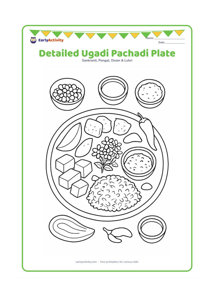 Colouring page: A richly arranged plate of Ugadi pachadi ingredients shows fruit pieces, jaggery, neem flowers, tamarind, chilli and other small bowls around a central serving dish.