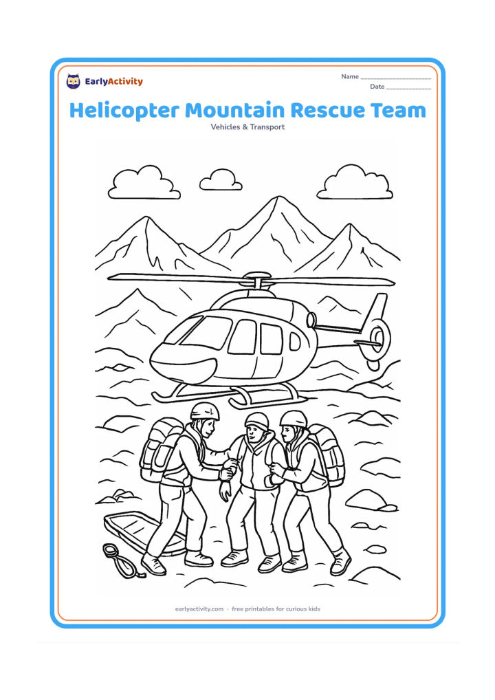 Colouring page: Draw a rescue helicopter resting on a rocky mountain landing area while two rescuers help a hiker toward it. Include climbing ropes, backpacks, a stretcher, snow patches, peaks and a…