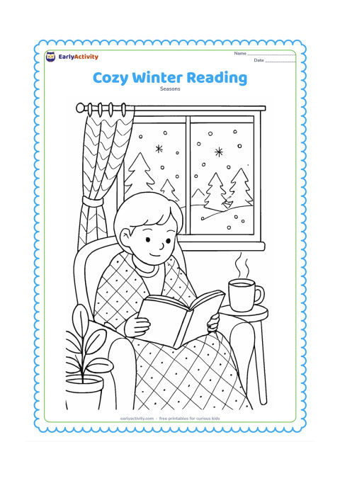 Colouring page: A child reads an open picture book beside a window on a cold morning, wrapped in a blanket with a warm mug nearby. Add a cushioned chair, indoor plant, curtains, misty trees outside and…